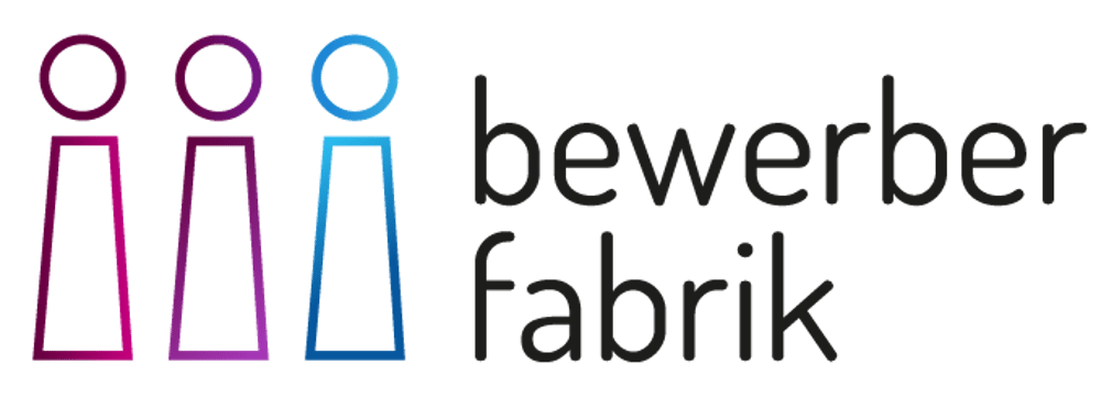 Drei stilisierte Personen in Pink und Blau neben dem Text "bewerber fabrik".